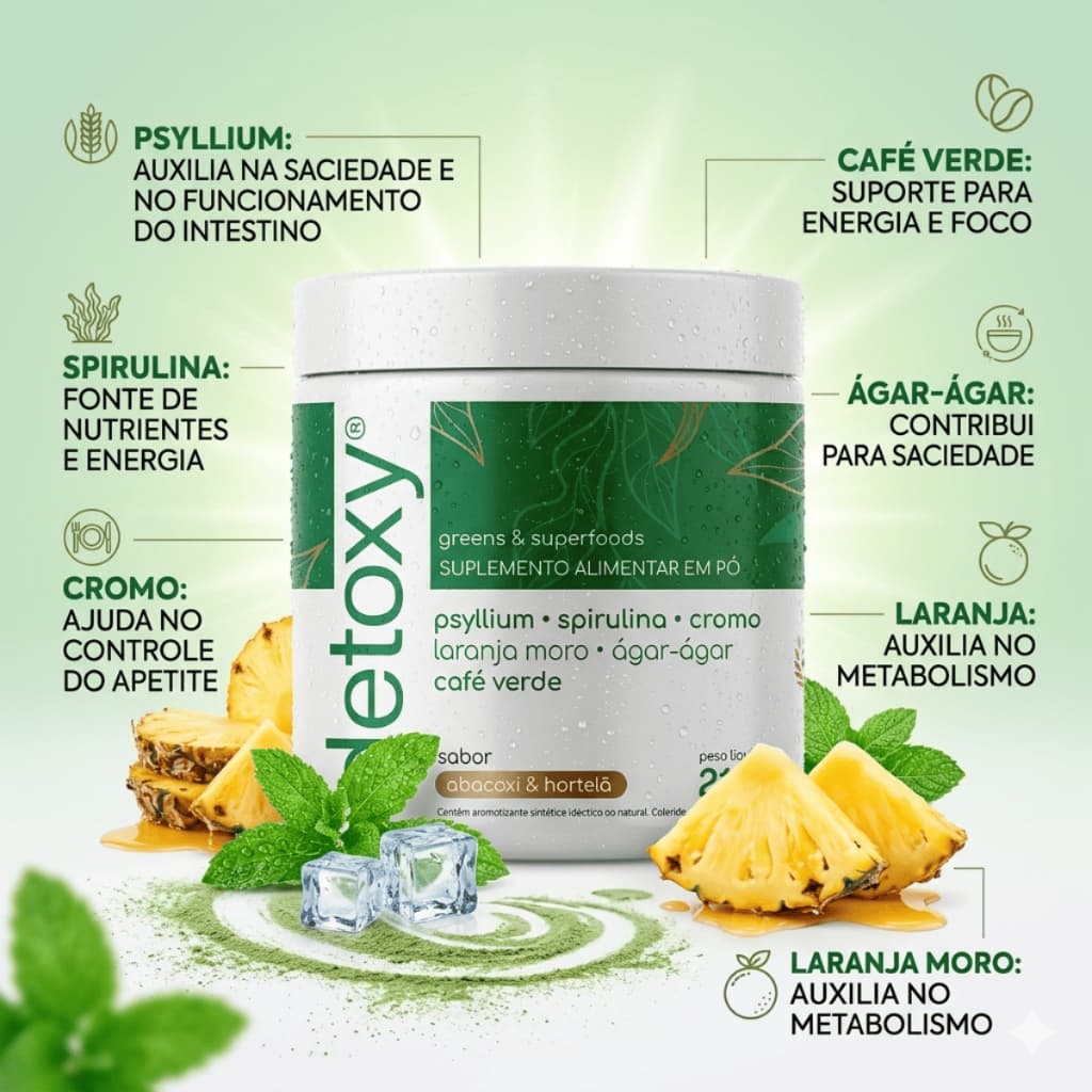 Suplemento em Pó com Psyllium Spirulina Guaraná  Café Verde | Sabor Abacaxi com Hortelã | 210g