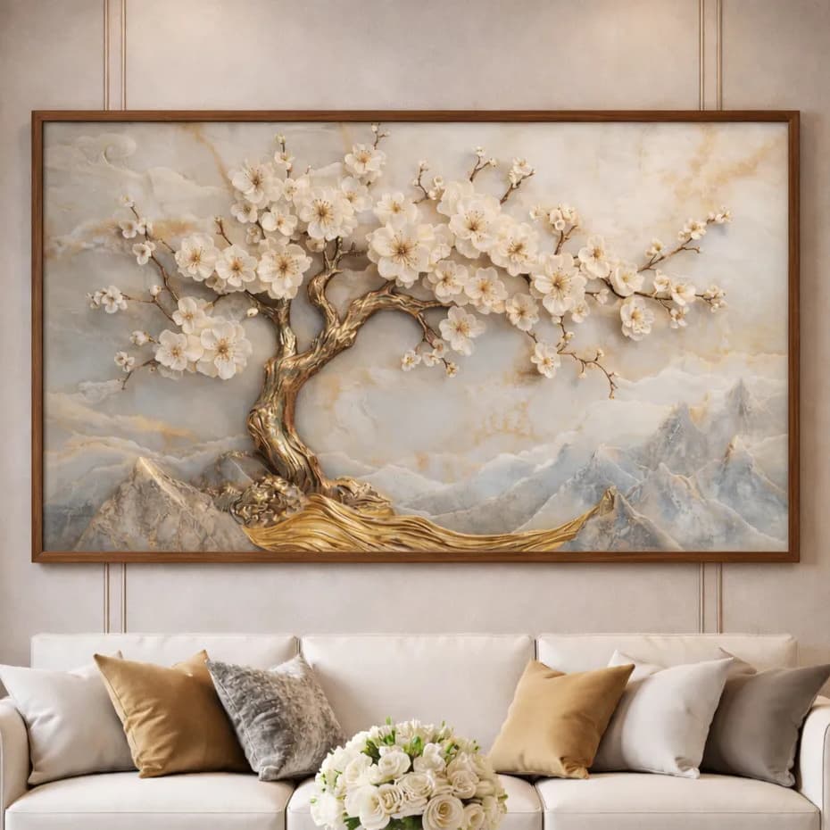 Quadro Decorativo Arvore Da Vida Grande Com Vidro e Moldura para Sala de Estar e Quarto
