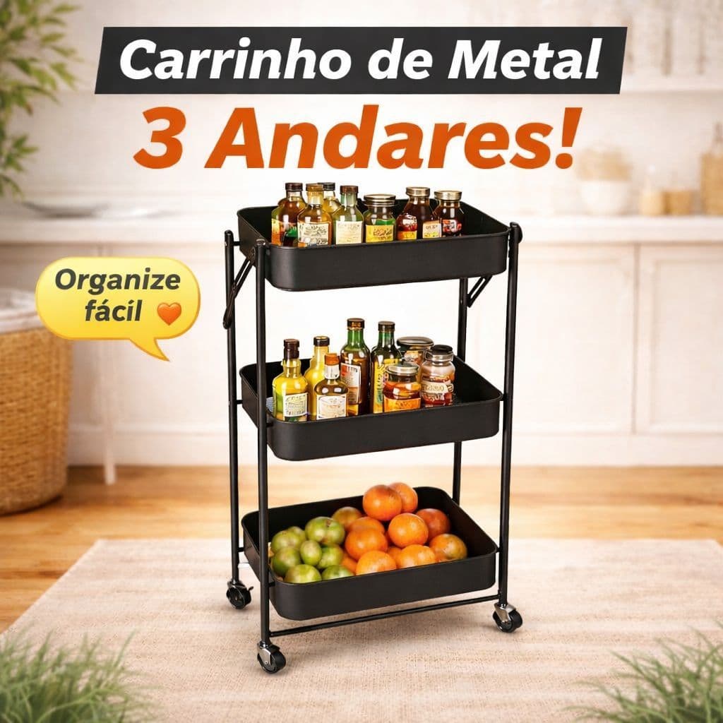 Carrinho Organizador Multiuso Dobrável Com Rodinhas 3 Prateleiras Fruteira Estante - Casambiente