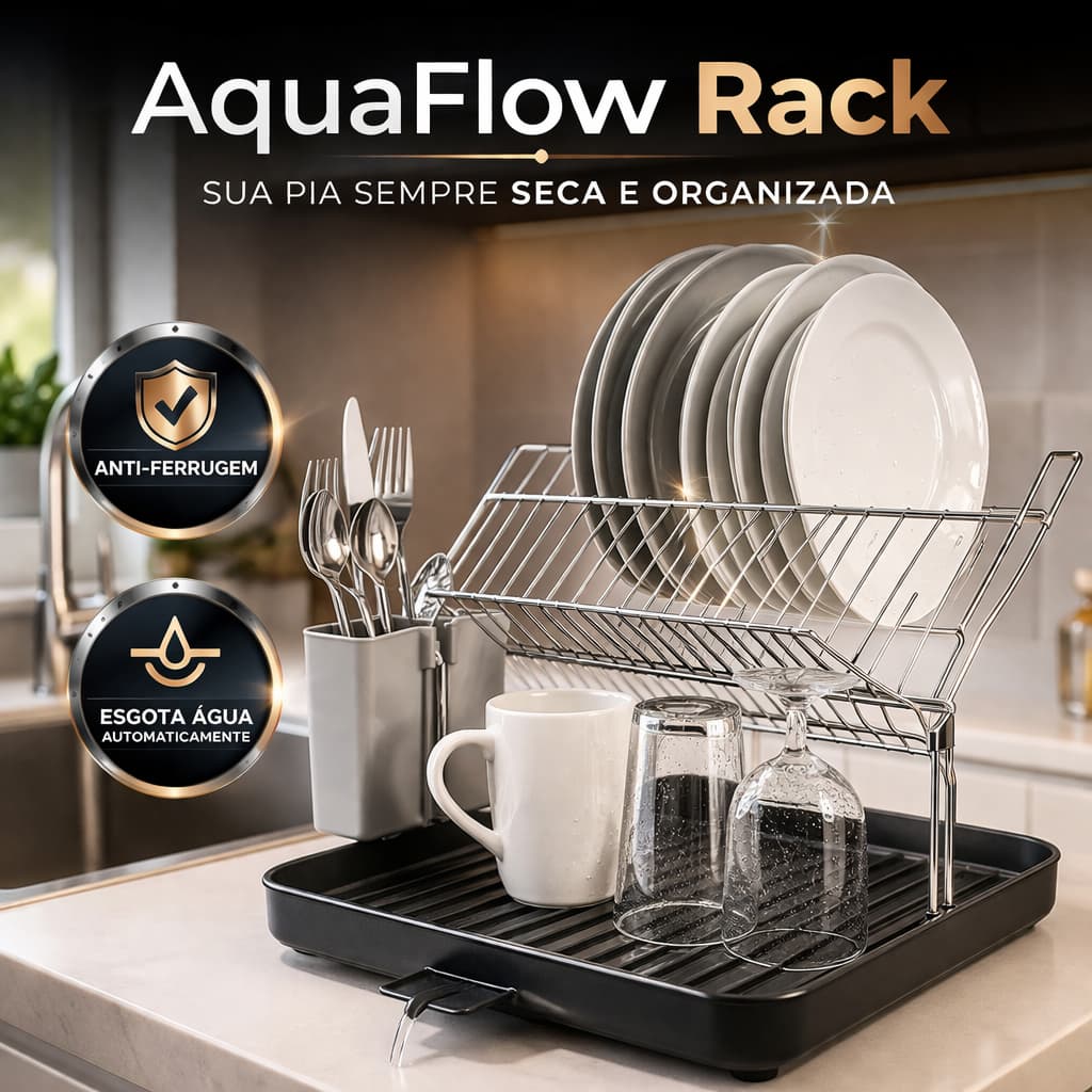 Escorredor de Louça Inox AquaFlow Rack com Drenagem Automática Porta Talheres Anti-Ferrugem Compacto Cozinha