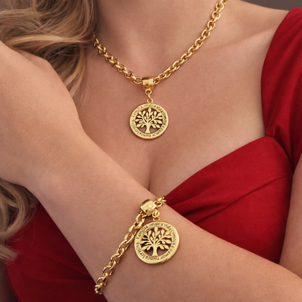 Colar Banhado e Pulseira elo português arvore da vida conjunto feminino cod.01
