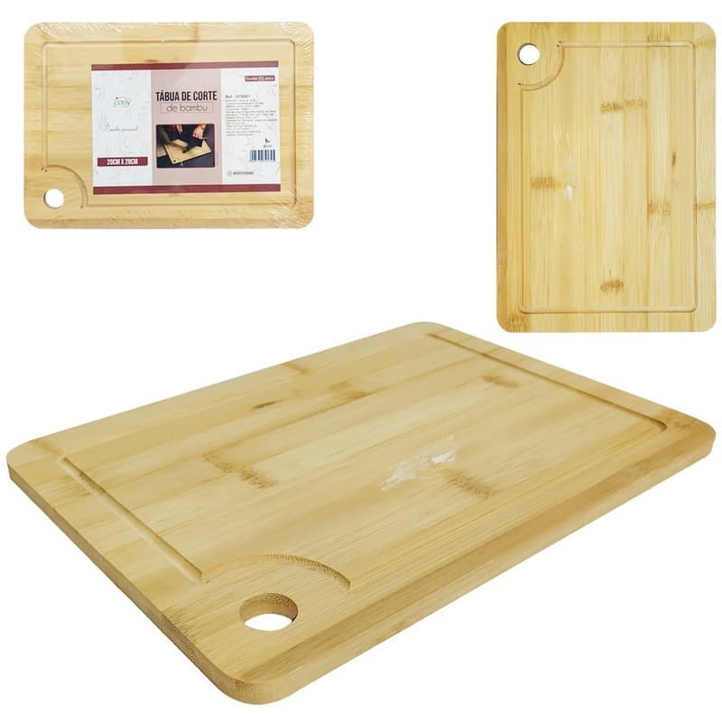 Tábua de Bambu para corte Retangular 28x20cm Sulco Antibacteriana Ideal Cozinha Legumes Churrasco