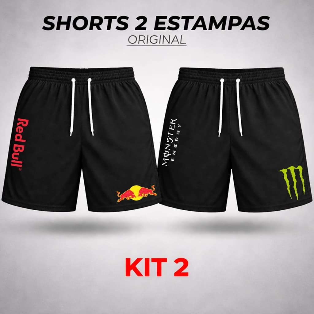 Shorts Tactel Estampado Kit 2 Masculino RedBullss Monster Secagem Rápida Leve Casual Lazer Academia