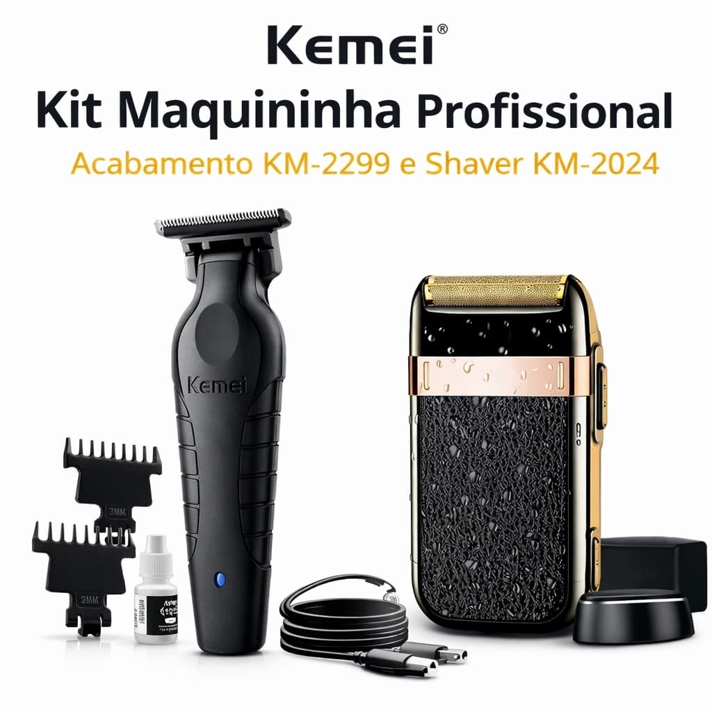 Kit Kemei Profissional KM-2299 + Shaver KM-2024 Recarregável USB Máquina Cabelo Barba