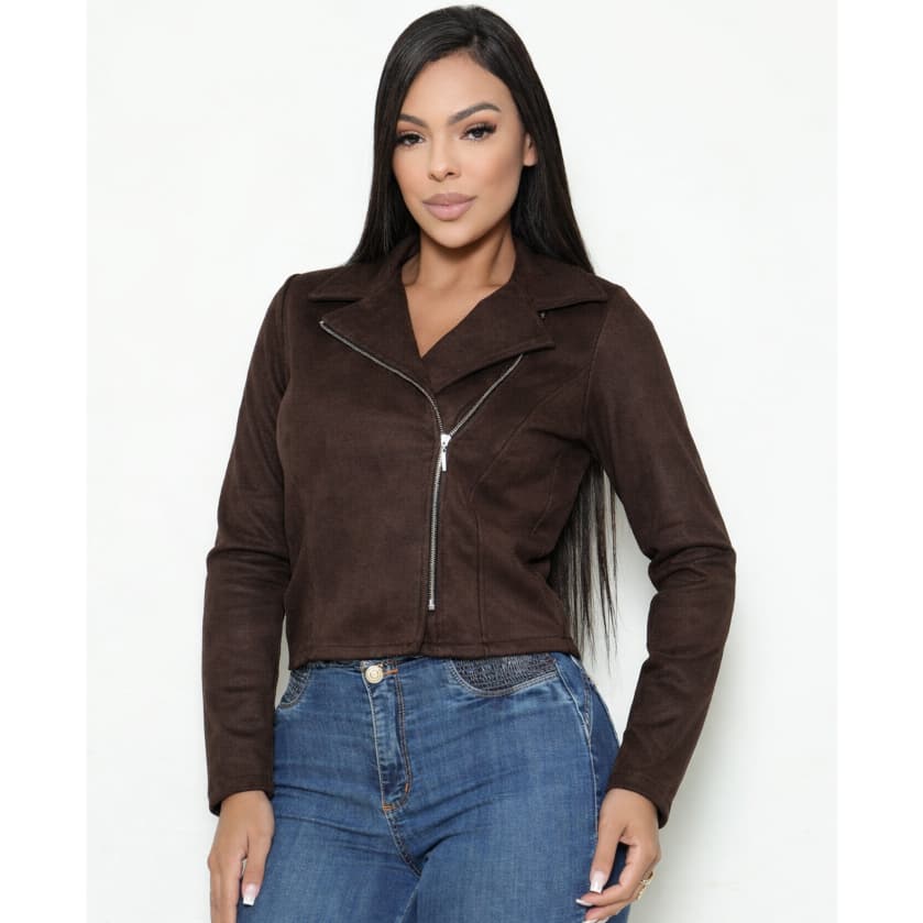 Jaqueta  Feminina Suede Casual Elegamte con Ziper prata para Invierno