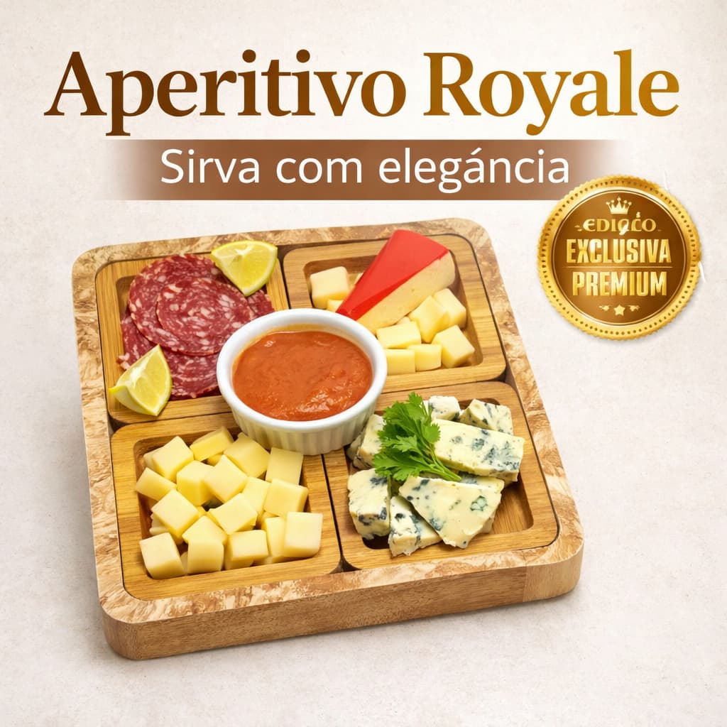 Petisqueira de Madeira 4 Divisórias Aperitivo Royale Kit 4 Peças Elegante para Queijos e Petiscos