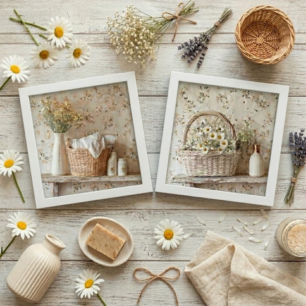Kit 2 quadros 18x18 cm, banheiro, lavabo, flores, vasos, margarida, moldura e vidro