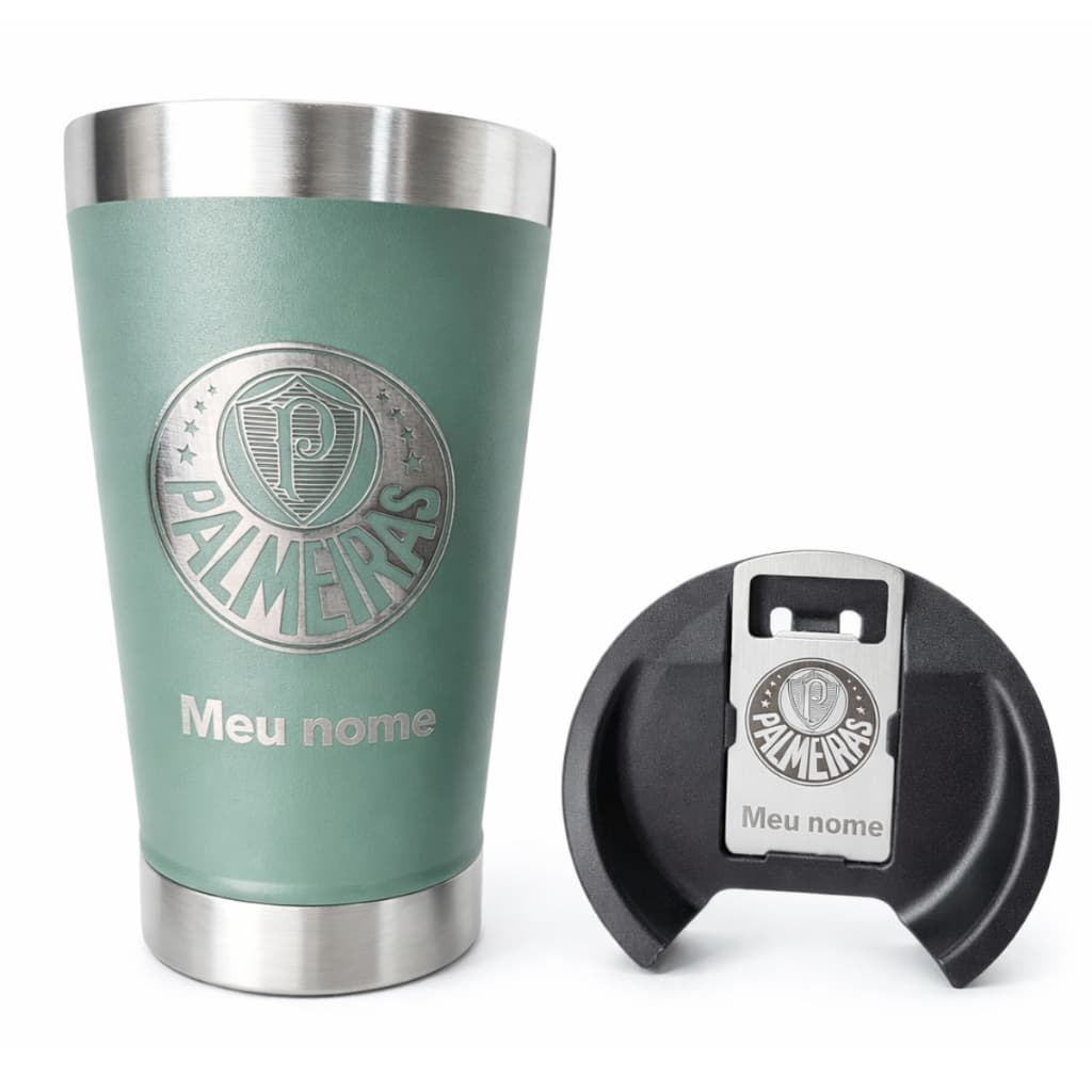 COPO TÉRMICO PERSONALIZADO ESCUDO TIME E NOME COM TAMPA E ABRIDOR 473 ML