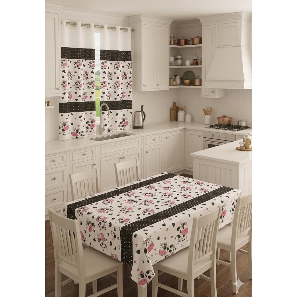 Jogo de Cozinha Oxford Cortina com Toalha de mesa Oxford Estampadas 2M