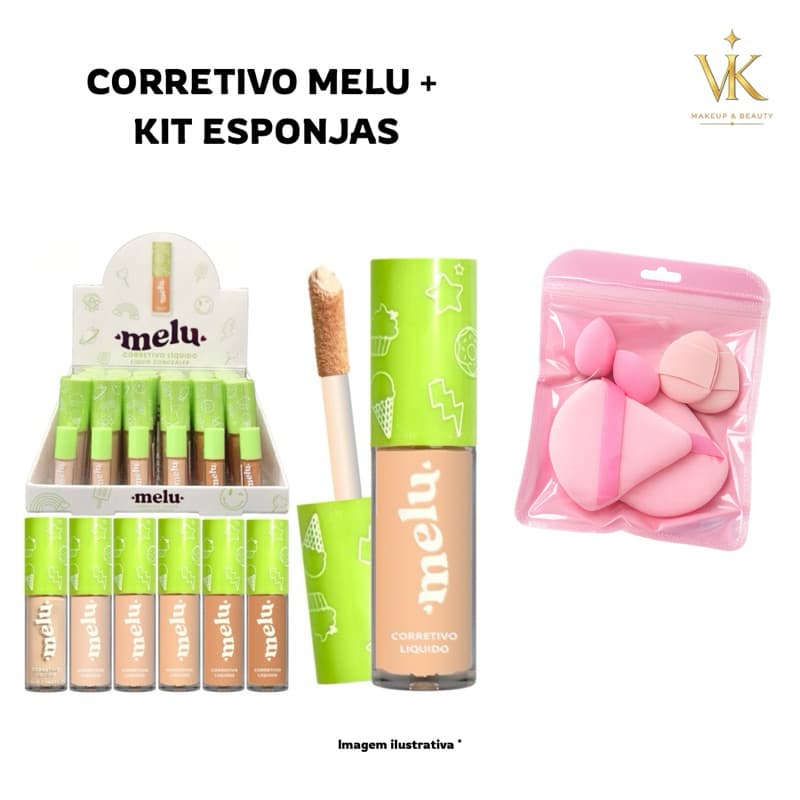 Corretivo Líquido Melu Ruby Rose Alta Cobertura + Kit Esponjas Maquiagem Profissional Olheiras