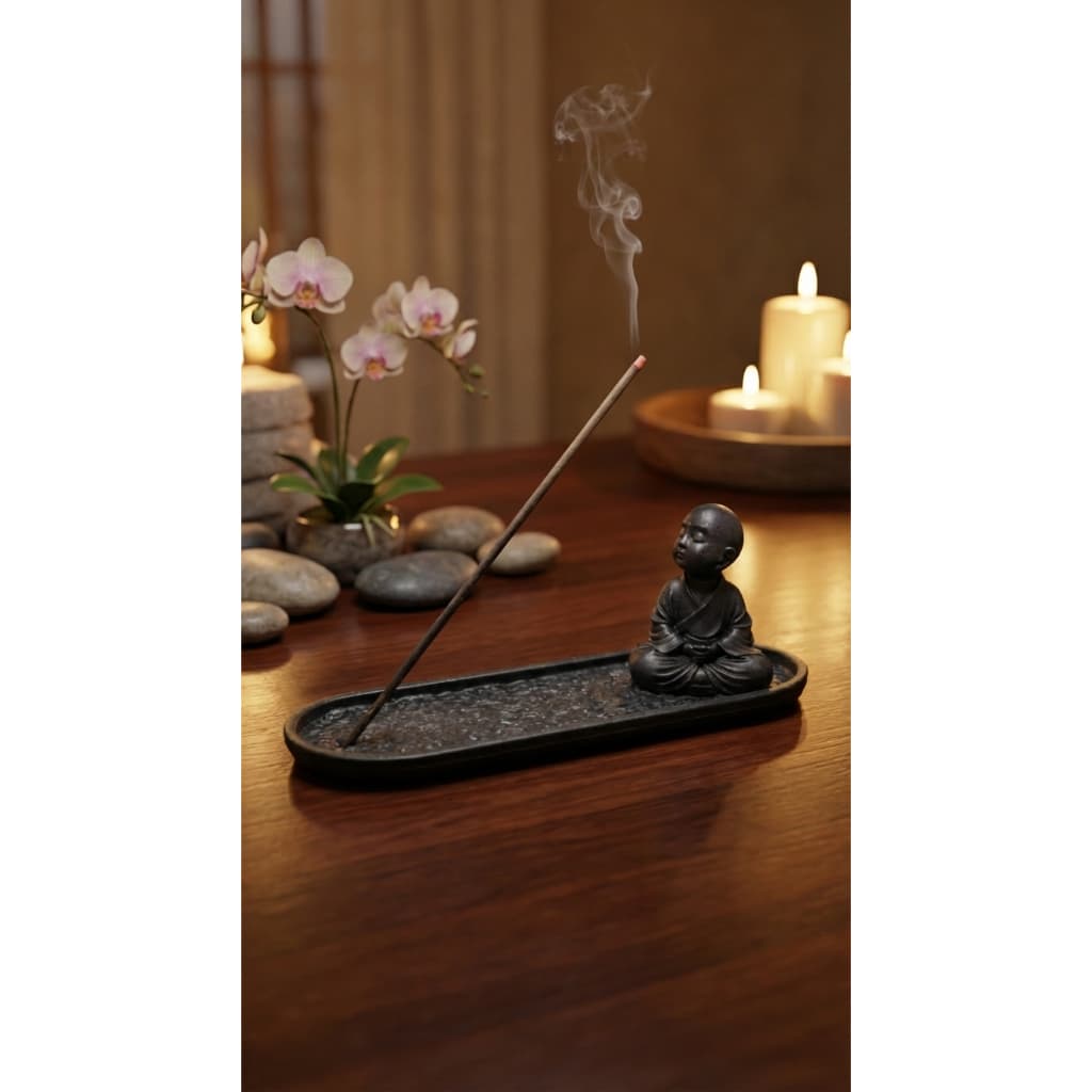 Suporte para Incenso Decorativo Zen com Estátua Monge – Porta Incenso Elegante Preto Branco Capuccino