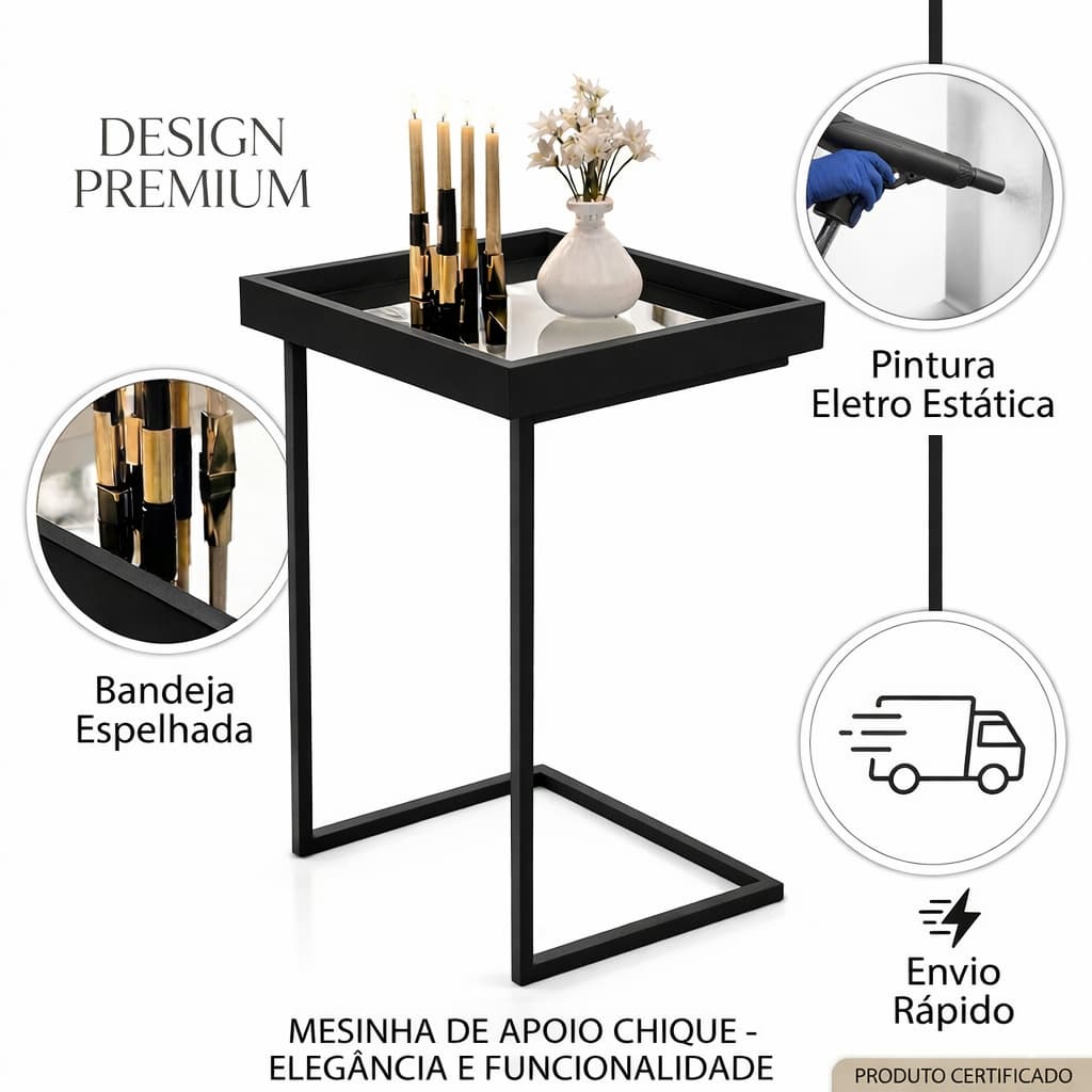 Mesa de Apoio Lateral com Espelho Luxo Sofá Sala Moderna Elegante Compacta e Alta Qualidade
