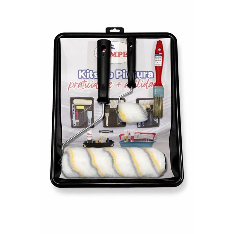 Kit Pintura Compel 5 Peças Sem Respingo Rolo 23cm + Bandeja + Pincel 1” + Rolo 5cm Profissional