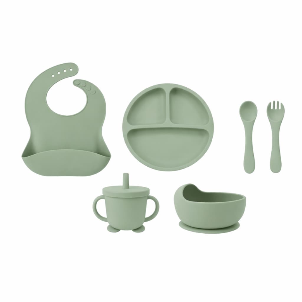 Kit 6 Peças Introdução Alimentar Silicone Bebê Talheres Babador Prato Ventosa Colher Garfo Papinha Crianças Copinho