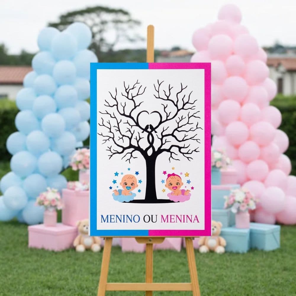 Placa Decorativa Chá Revelação Menino ou menina Árvore Digitais Assinatura Quadro1 Peça