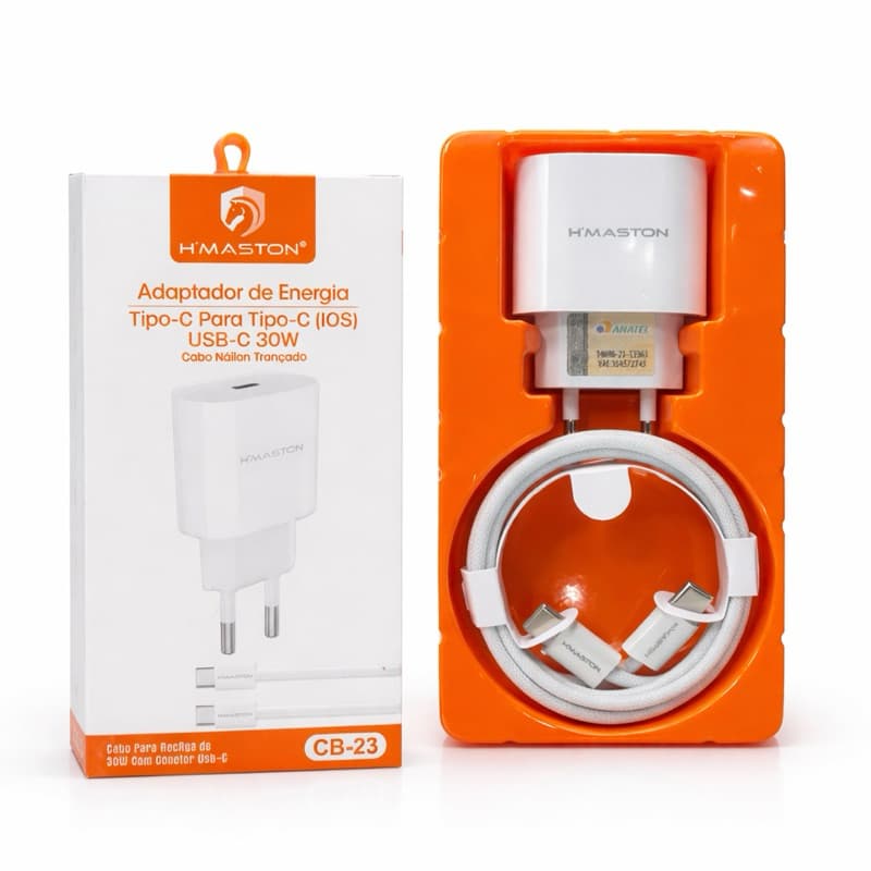 Carregador Turbo 30W USB-C H’Maston + Cabo Tipo-C Rápido iPhone Android Original ANATEL