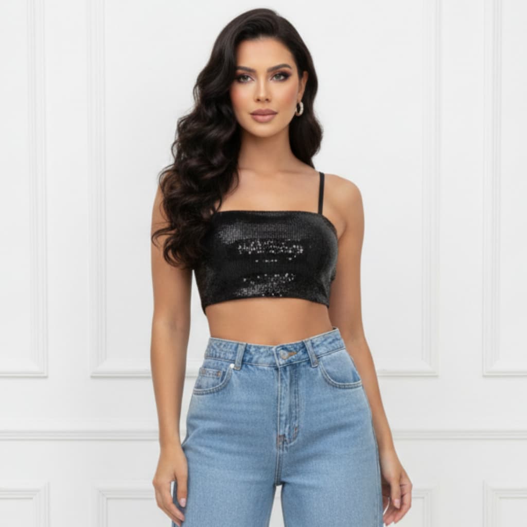 Cropped Top Blusa Paetê Lantejoula Brilho Alça Festa Luxo Balada Gringa