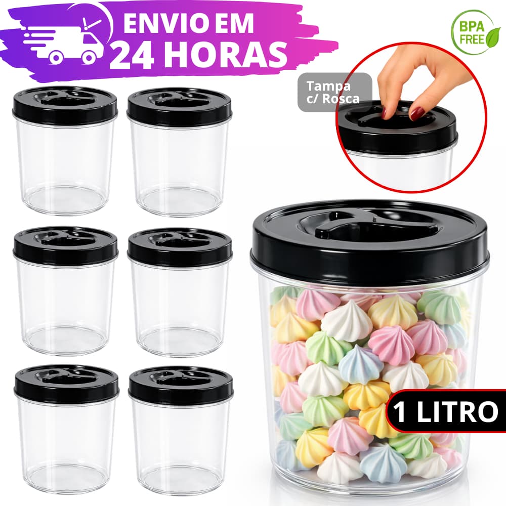 Kit Pote Mantimentos 1 Litro REFORÇADO Tampa Rosca Biscoito Organizadores Alimentos Cozinha Kit 3, 6 ou 9 Unidades