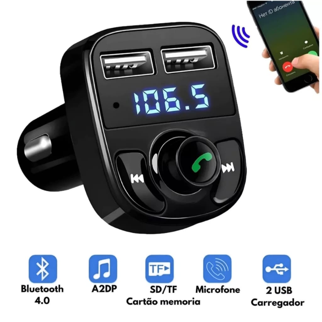 Adaptador Bluetooth Carro Transmissor FM Carregador Veicular Compatível com Android e iPhone - X8