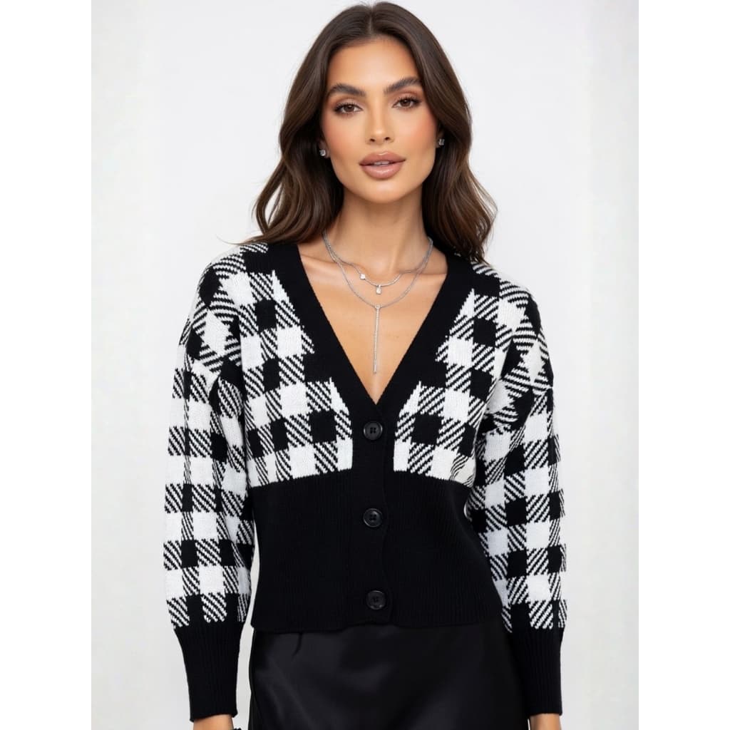 Blusa Feminina Xadrez Tricot com Botões Suéter Feminino Xadrez