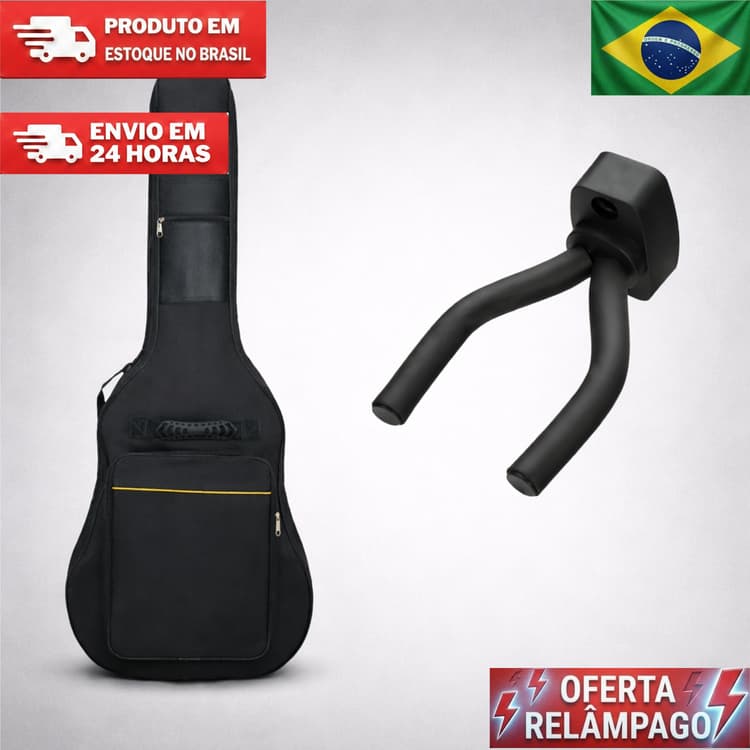 Kit Capa Acolchoada De violão Preta com Bolso + Suporte de Violão de Parede Reforçado