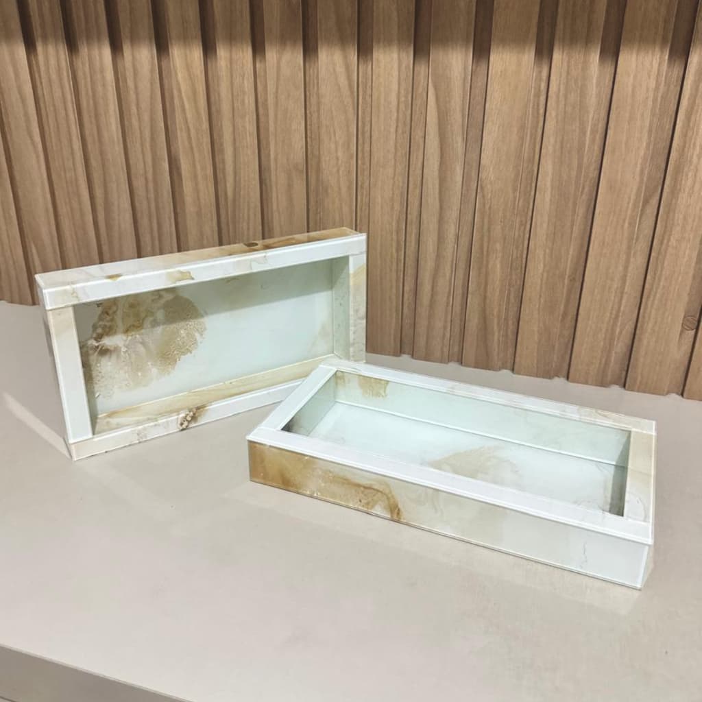 Kit 2 Bandejas Para Banheiro 28x15 De Vidro Pintura Efeito Mármore Organização Luxo