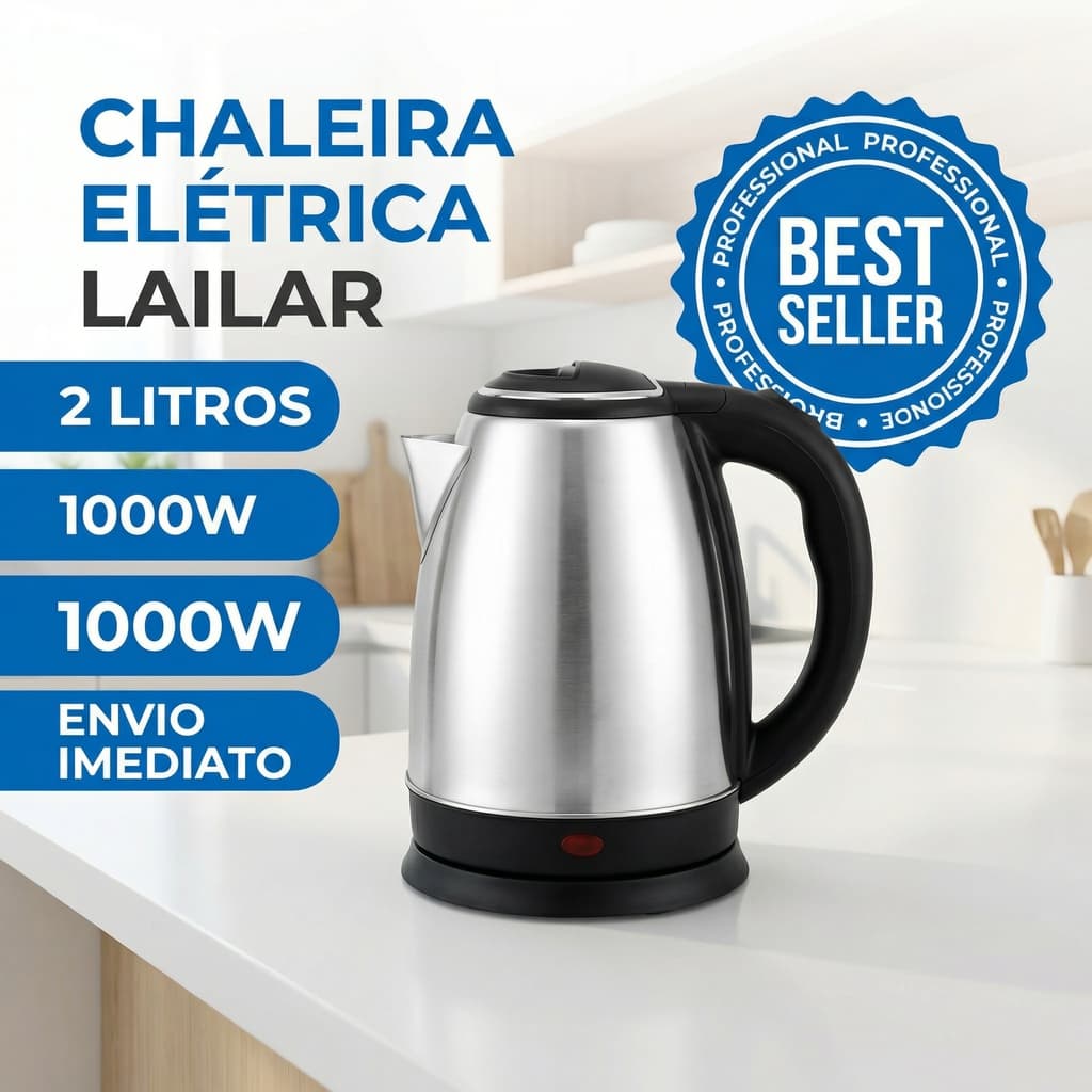 Chaleira Elétrica Inox 2L Lailar – Ferve Rápido, Desligamento Automático, Base 360°