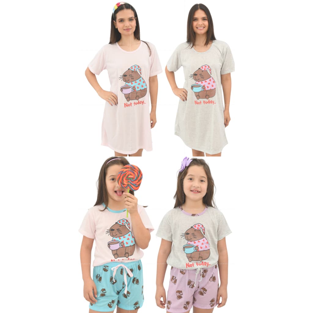 Kit Pijama Mãe e Filha Capivara Camisola Feminina + Pijama Infantil em Malha Confortável Não Dá Bolinha
