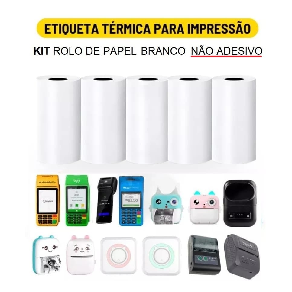 Kit de 5 Bobinas Etiqueta Térmica Não Adesiva 57x30mm com 4 metros Branco Rolo Mini Impressora Portátil à Prova De Água