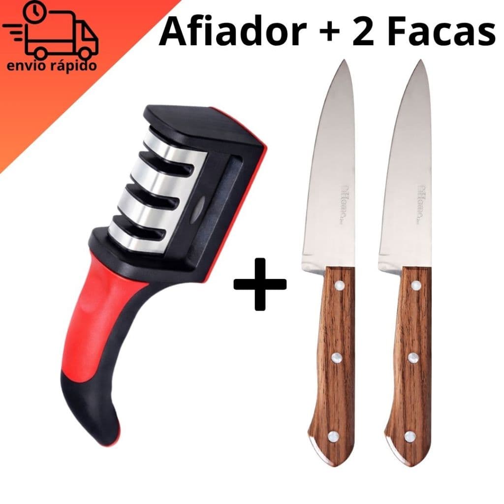 Kit Afiador de Facas Profissional 3 Estágios + 2 Facas Inox Cozinha Churrasco