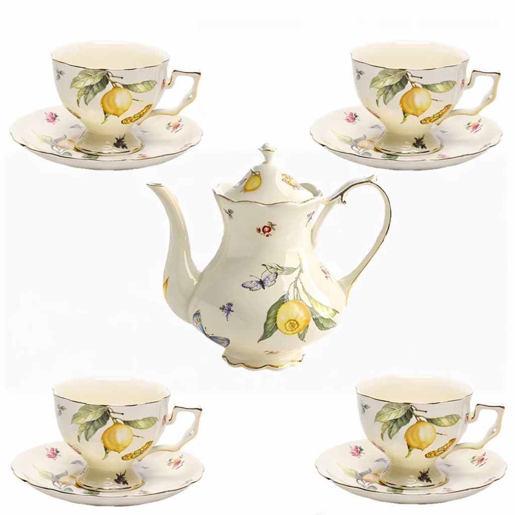 KIT Bule de Cerâmica Chá Cafe + Xicara Porcelana Floral Lemon Estilho Inglês Vintage ( BULE x1 + XICARAS x4)