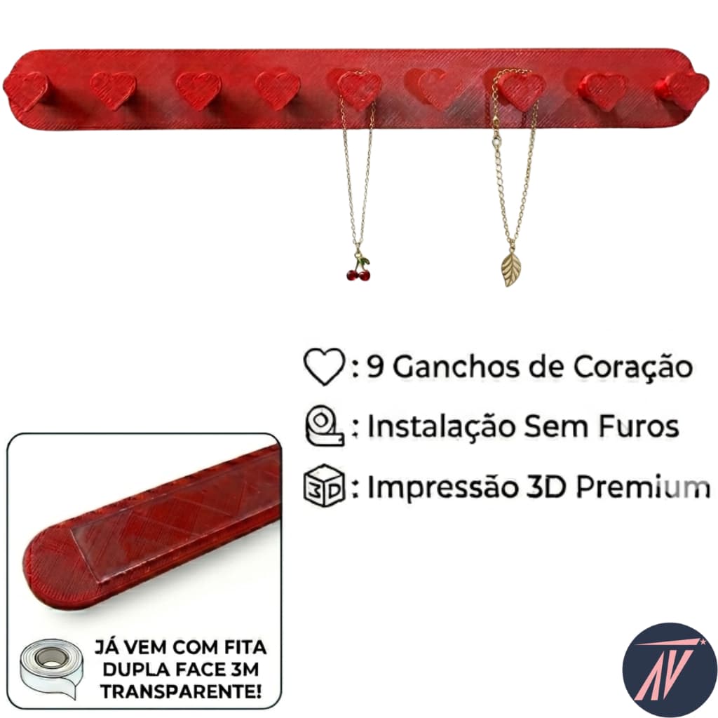 Suporte Porta Joias de Parede Formato Coração com Fita Dupla Face