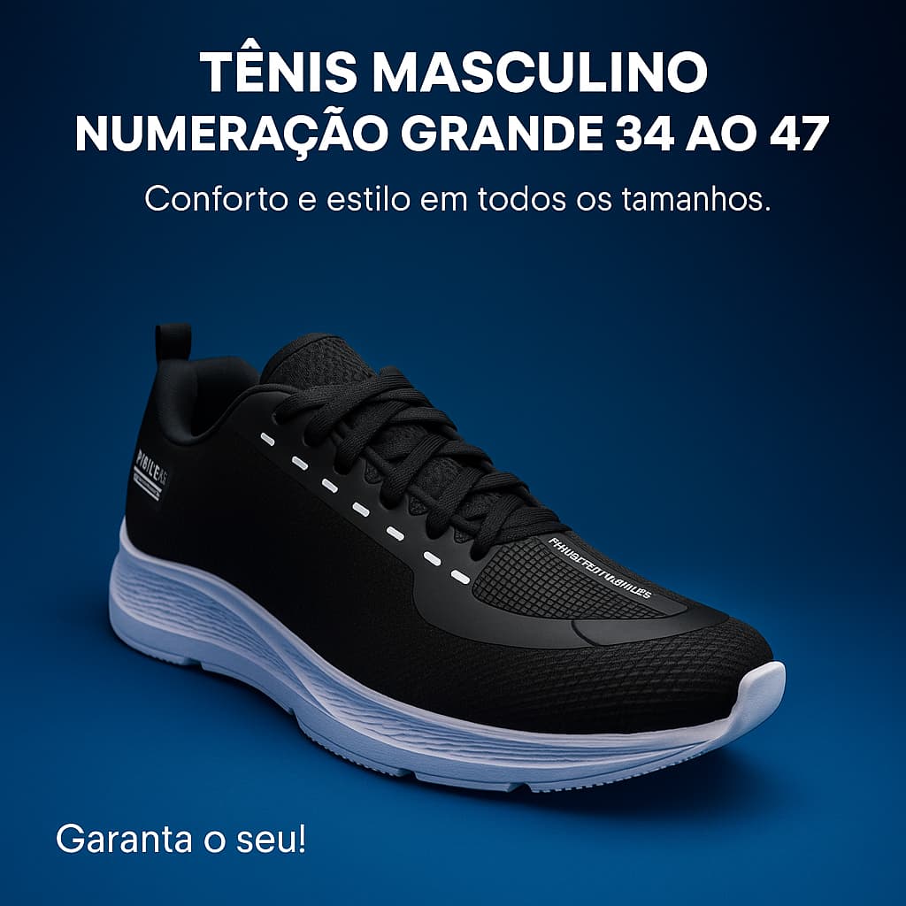 Tênis Preto Masculino | Conforto e Estilo Em Todos os Tamanhos Grade Especial 34 ao 47 | GARANTA JÁ!