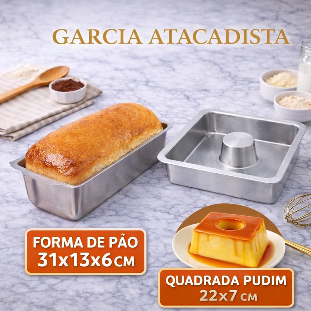 Kit com Forma de Pão Extra Grande + Forma Quadrada Pudim Alumínio Reforçado Profissional