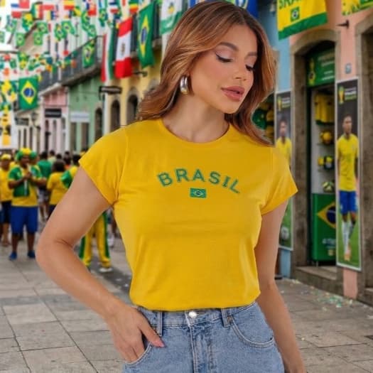 Blusa Copa do Brasil Feminina Amarela Camiseta BabyLook Bandeira Bordada Tshirt 100% Algodão