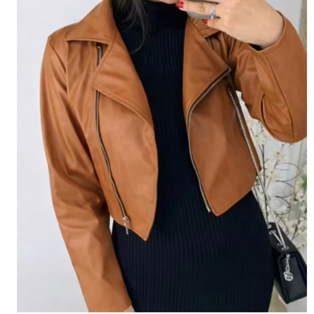Jaqueta Elegante Inverno, De Couro Feminina Com Ziper caimento perfeito Qualidade Premium