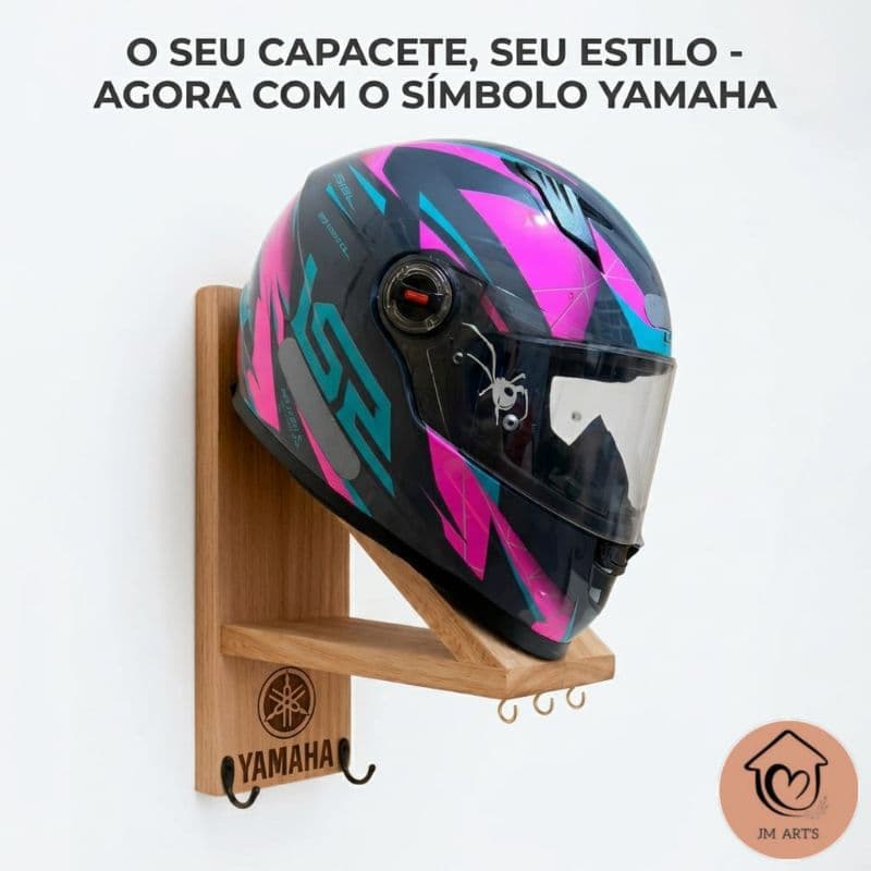 Suporte de Capacete de Parede em madeira, com ganchos para chave, jaquetas e espaço para luvas– Edição Yamaha | JM ART'S