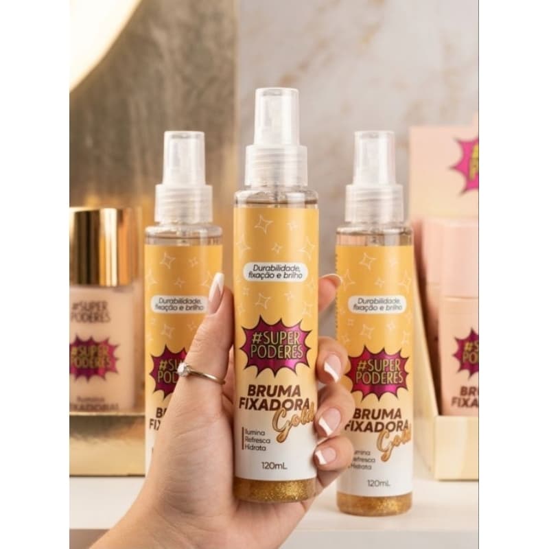 Bruma fixadora gold ilumina, refresca, e hidrata #super poderes