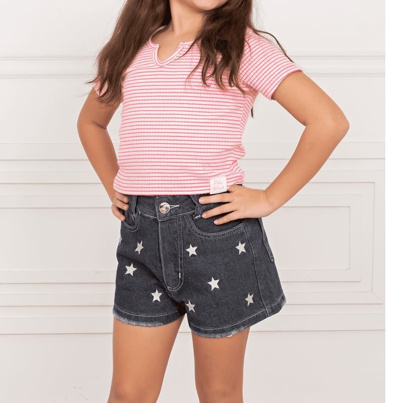 SHORT JEANS INFANTIL 4/8 MENINA COM BORDADO ESTRELA
