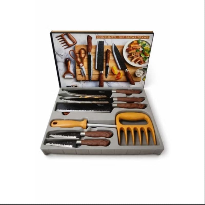 Jogo de Facas Profissional 8 Peças Chef Cozinha Churrasco com Cutelo e Garra de Carne