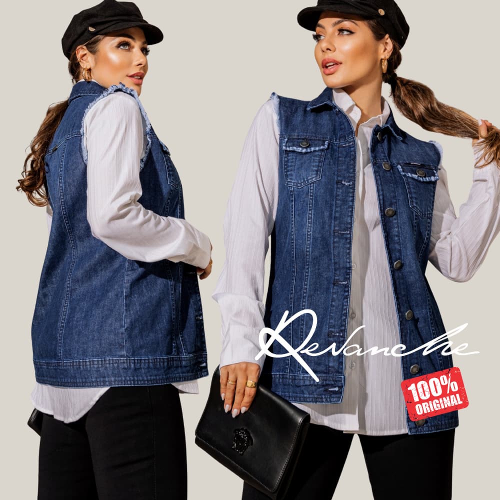 Colete Jeans Maxi Com Cava Desfiada Feminina Revanche Newman