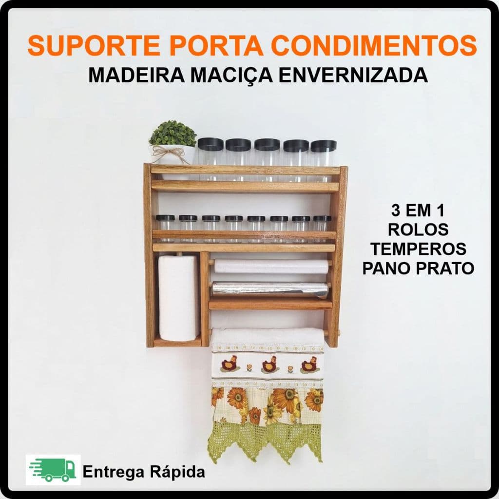 Suporte Parede Porta Temperos Condimentos Papel Toalha Pano Prato Cozinha Madeira - Natural ou Verniz