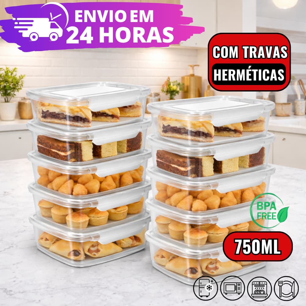 Kit 10, 7 e 5 Marmitas 750ml Freezer E Microondas Potes Plásticos C/ Trava Grande REFORÇADO