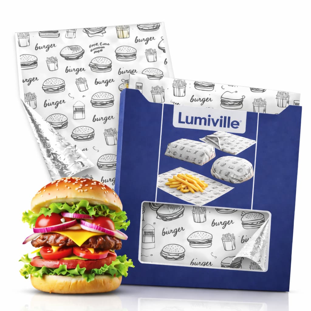 Papel Acoplado Térmico Hamburguer 30x 38 Bopp Para Lanches Delivery Metalizado 500 E 1000 Folhas Antigordura