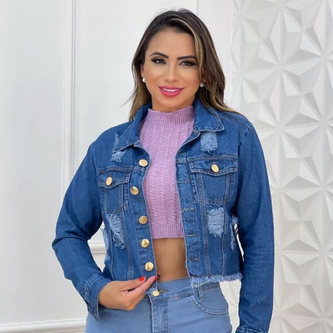 Jaqueta Jeans Feminina Botão Metálico Lavagem Escura