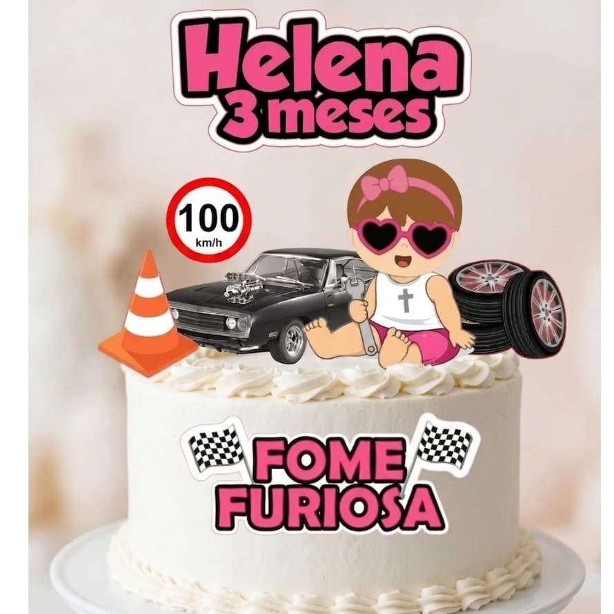 Topo de Bolo Personalizado FOME FURIOSA MENINA - Topper mesversário Fome Furiosa Menina Rosa