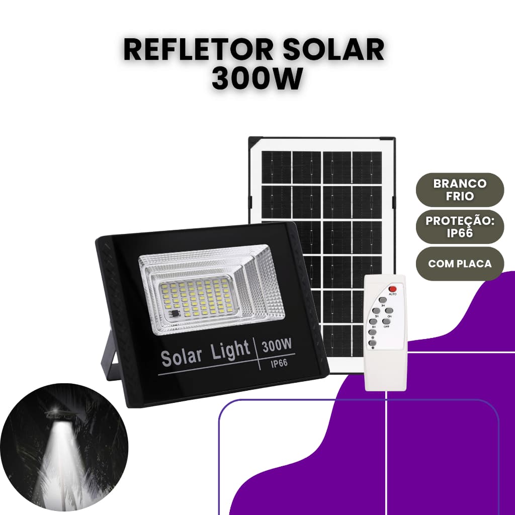 Refletor Solar Placa 300w Bateria Prova Dágua Holofote Led
