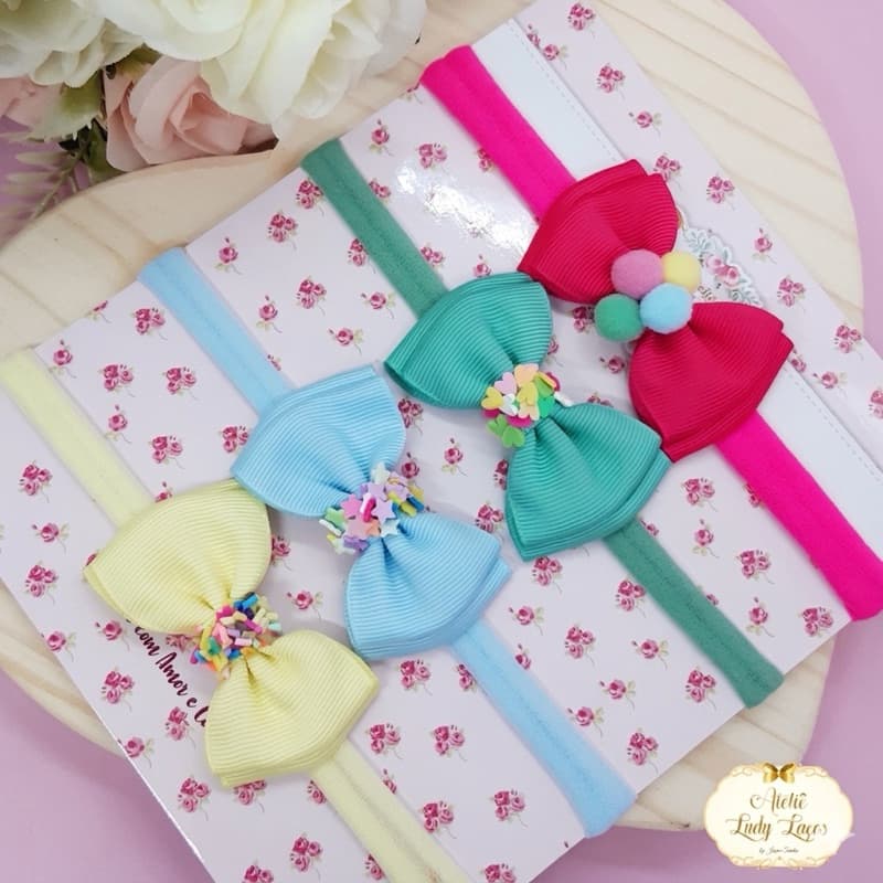 Kit 4 Faixinhas de Cabelo para Bebê Menina - Laços com Detalhes Doces e Confortáveis - Ateliê Luvy Laços