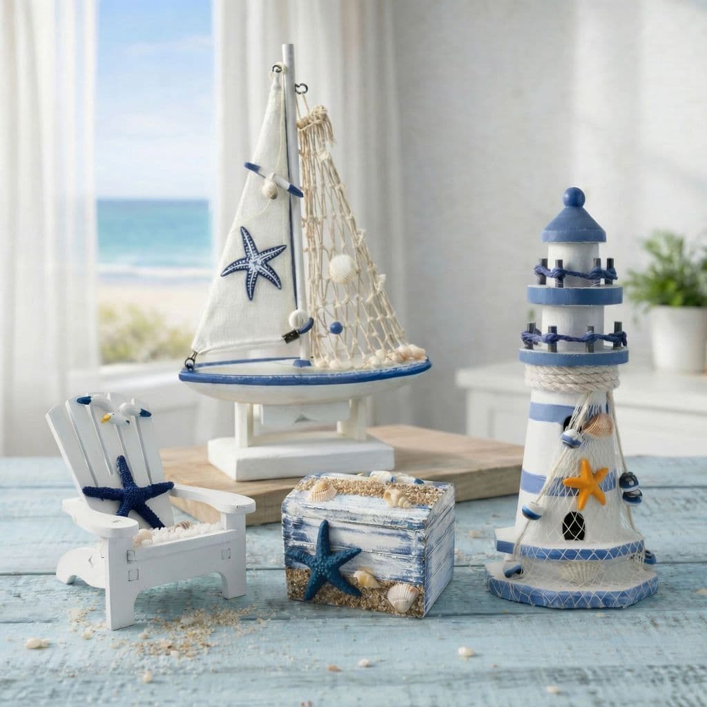 kit 4 pecas com Navio de Madeira + Farol + Caixinha + Cadeira de Praia: Decoração Casa Mar Mediterrâneo e Atlântico. .