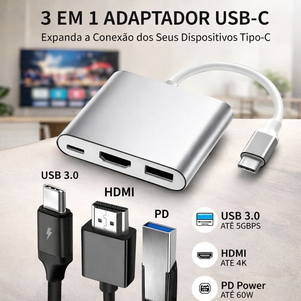 Cabo Adaptador 3 em 1 Conversor USB Tipo-C para HDMI + USB 3.0 + Tipo U3V-A3N1